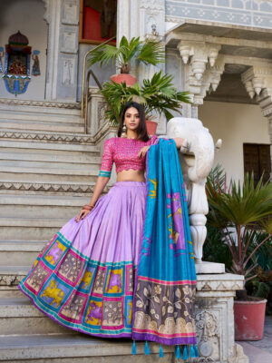 Lavender Color Tussar Silk Kalamkari Printed Lehenga Choli