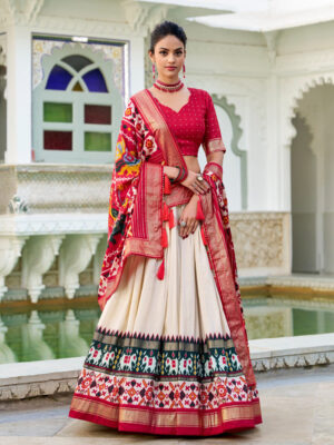 Off-White Color Tussar Silk Patola Printed Lehenga Choli