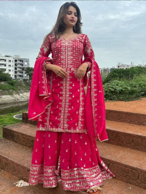 Rani Pink Color Faux Georgette Embroidered Sharara Suit