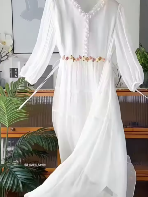 Ethereal White Ruffled Maxi Dress with Floral Embellishments