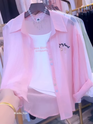 Effortless Pink Sheer Button-Down Shirt Set