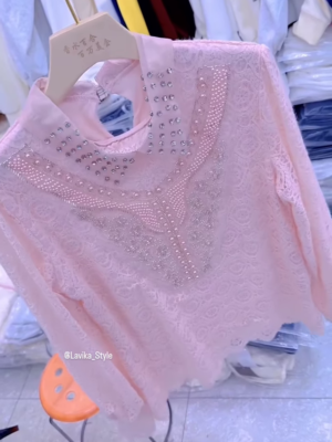 Exquisite Embellished Blouse with Lace and Pearl Detailing