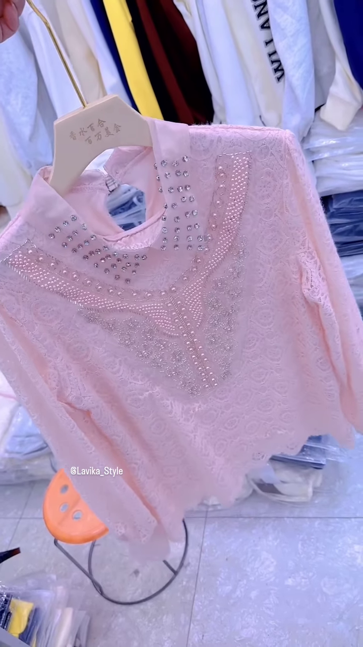 Exquisite Embellished Blouse with Lace and Pearl Detailing