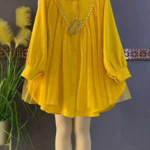 Stylish Yellow Tunic with Pearl and Pleated Details