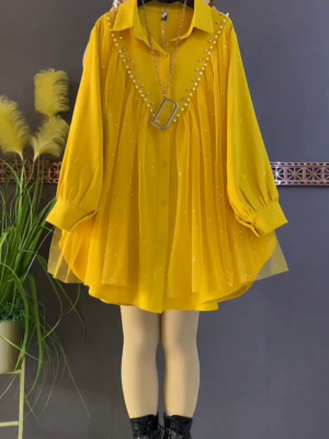 Stylish Yellow Tunic with Pearl and Pleated Details
