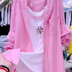 Pastel Pink Overshirt with Lace and Pearl Necklace