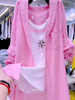 Pastel Pink Overshirt with Lace and Pearl Necklace