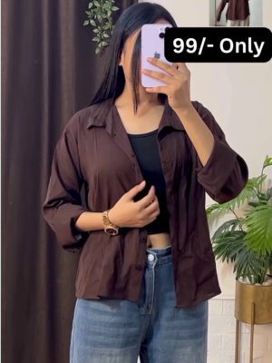 Stylish Brown Overshirt with Black Crop Top and Jeans