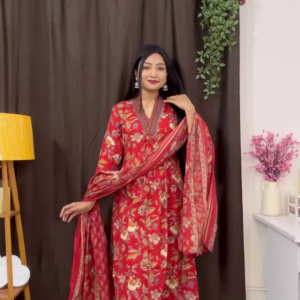 Rich Maroon Floral Ethnic Set with Flared Sleeves