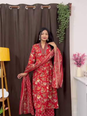 Rich Maroon Floral Ethnic Set with Flared Sleeves