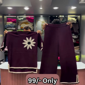 Maroon Two-Piece Sweater Set with Embroidered Daisy