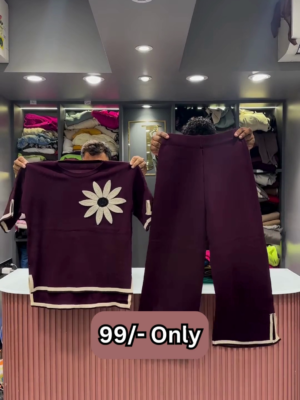 Maroon Two-Piece Sweater Set with Embroidered Daisy