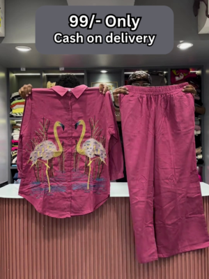 Hot Pink Flamingo Embroidered Two-Piece Set