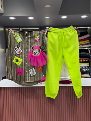 Quirky Striped Shirt with Patches and Neon Pants