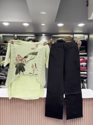 Artistic Knit Sweater and Black Wide-Leg Pant Set