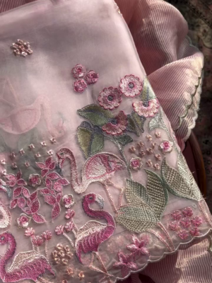Exquisite Dusty Rose Sheer Fabric with Flamingo Embroidery