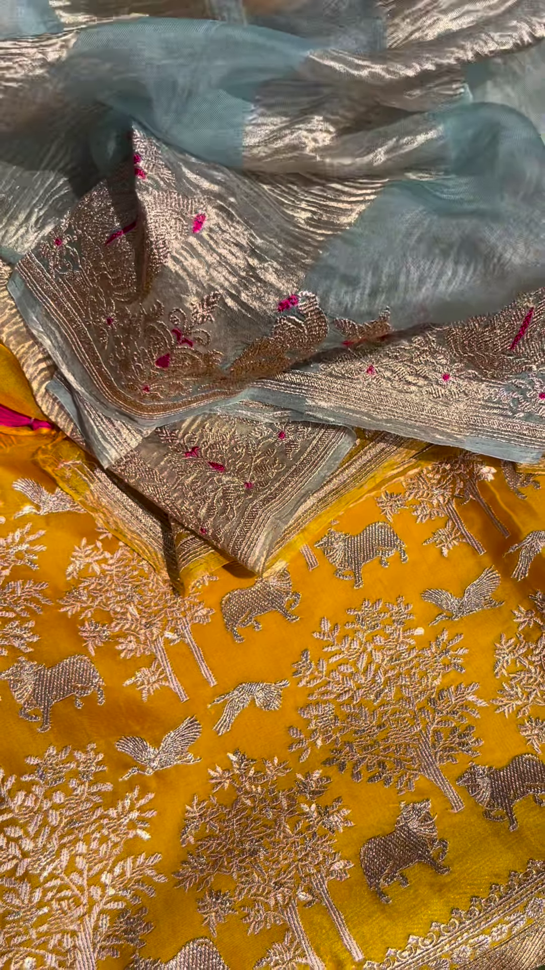 Golden Yellow Fabric with Woven Forest and Animal Motifs - Image 4