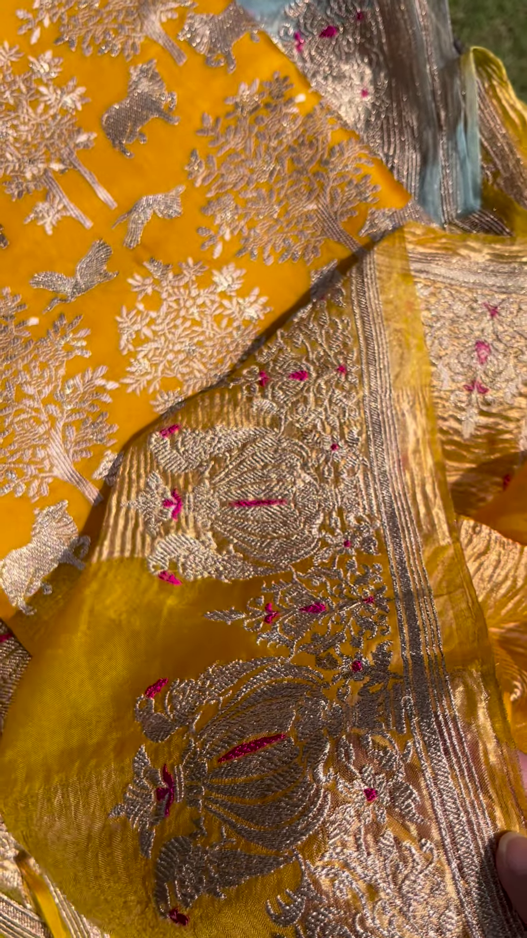 Golden Yellow Fabric with Woven Forest and Animal Motifs - Image 3
