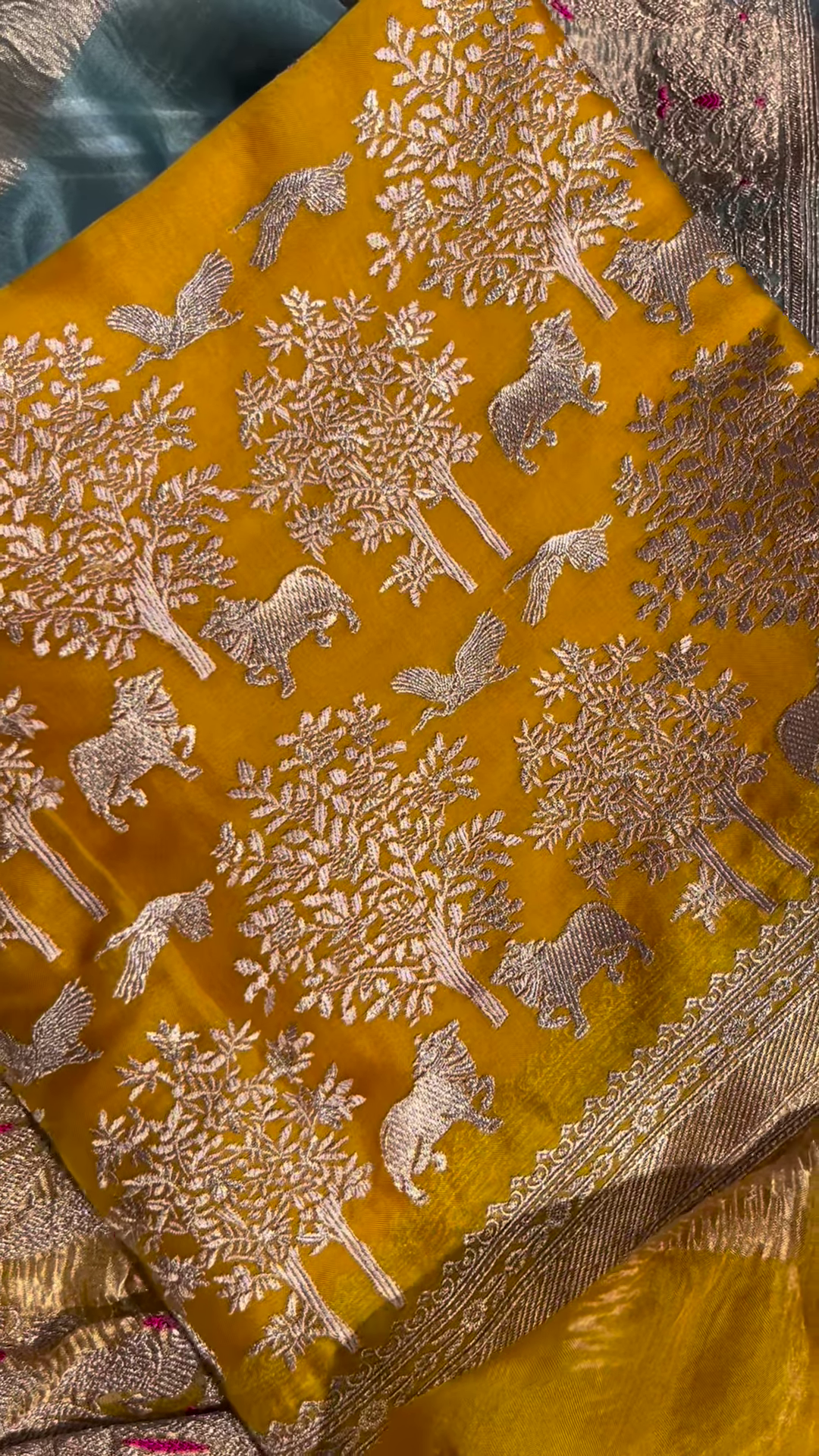 Golden Yellow Fabric with Woven Forest and Animal Motifs - Image 2