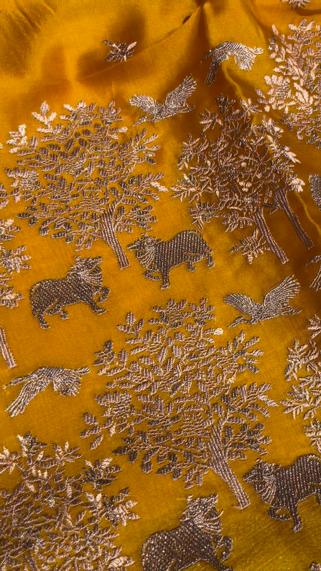 Golden Yellow Fabric with Woven Forest and Animal Motifs - Image 5