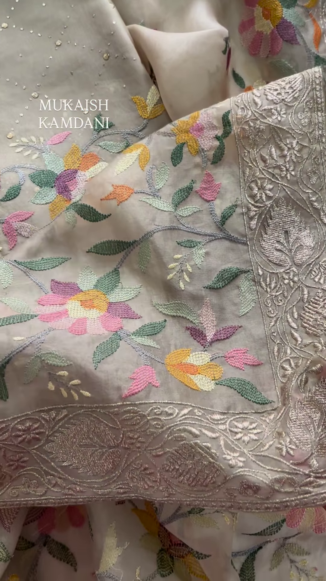 Sheer Fabric with 3D Floral Applique and Embroidery - Image 3