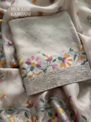 Sheer Fabric with 3D Floral Applique and Embroidery